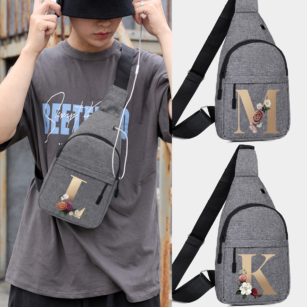 Cycling Commuter Bag - กระเป๋าคาดอกผู้ชายแบบสะพายข้าง รุ่นตัวอักษรสีทอง สำหรับใส่โทรศัพท์และของจุกจิก กระเป๋าเก็บของสำหรับปั่นจักรยานและเดินทาง ปรับสายได้